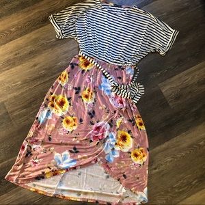 Striped and floral faux wrap dress